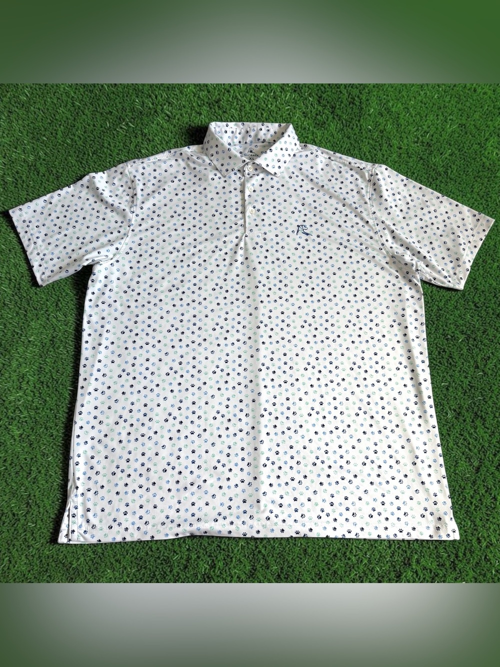 Rhoback Men’s The Pup Performance Golf Polo Shirt Sz XL White Dog Paw Print GUC